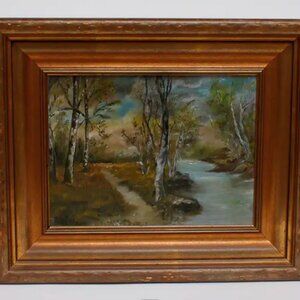 Vintage Landscape Framed Acrylic Painting on Board by E.O. Williams, dated 1920